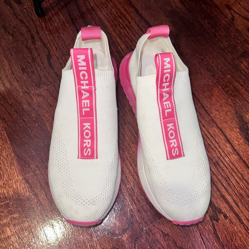 Michael Kors White and Hot Pink Knit Slip-On Sneakers